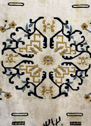 Indo Chinese Rug 9x12, Asian Oriental Carpet 9 x 12, Cream & Burnt Orange, Handmade Wool Vintage Art Deco Rug-3