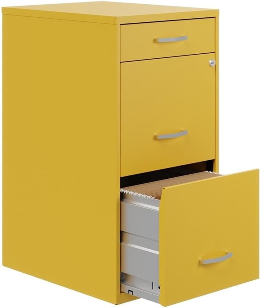 Hardy Haus 18-Inch Deep Metal File Cabinet | 3-Drawer Yellow/Goldfinch with Cam Lock