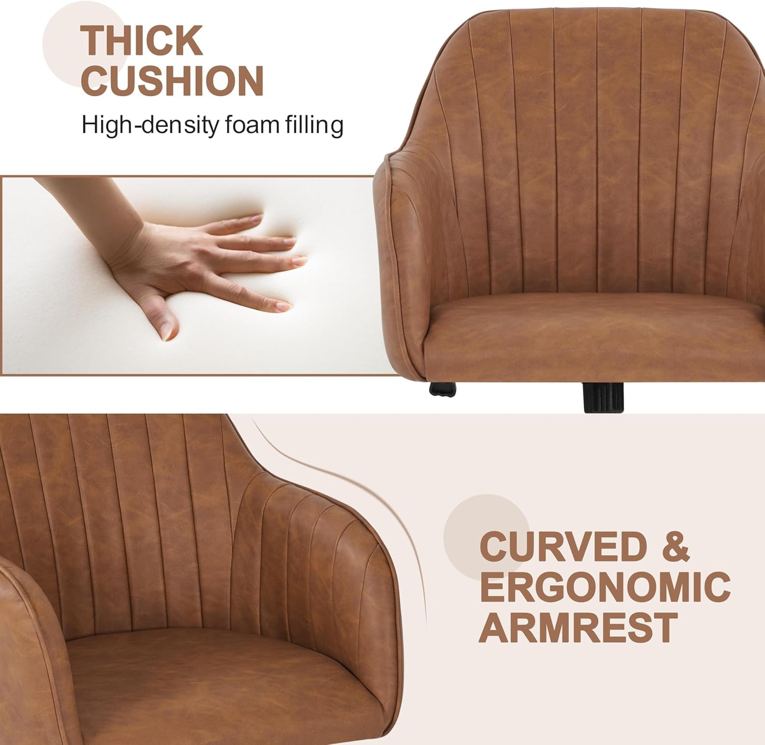 Brown leather armchair with thick cushion and curved armrest, showing high-density foam filling.