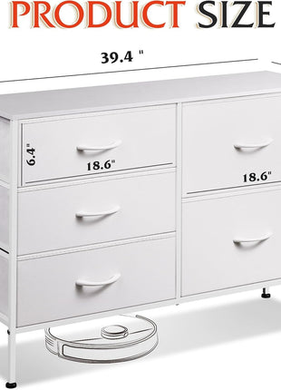 Dresser for Bedroom with 5 Drawers, Wide Bedroom Dresser with Drawer Organizers, Chest of Drawers, Fabric Dresser for Living Room, Closet, Hallway, White