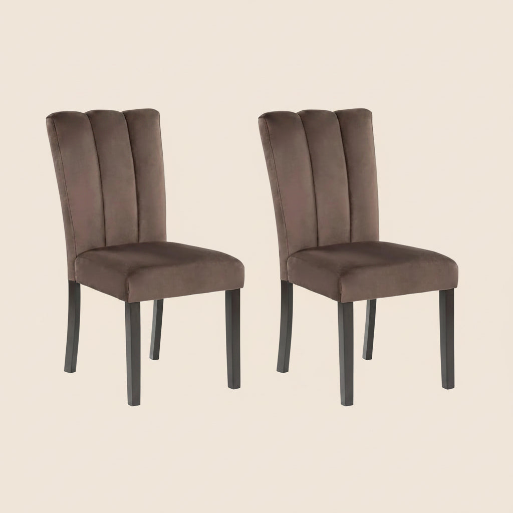 Two brown upholstered chairs with dark legs on a white background