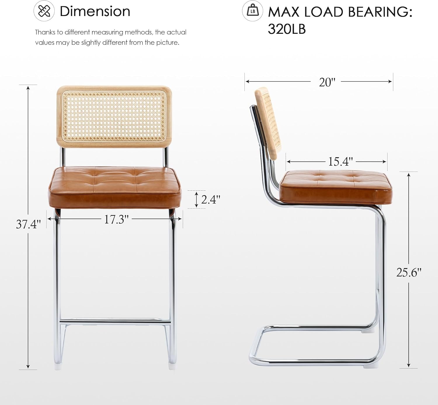 Bar stool with dimensions and load bearing capacity displayed on a white background