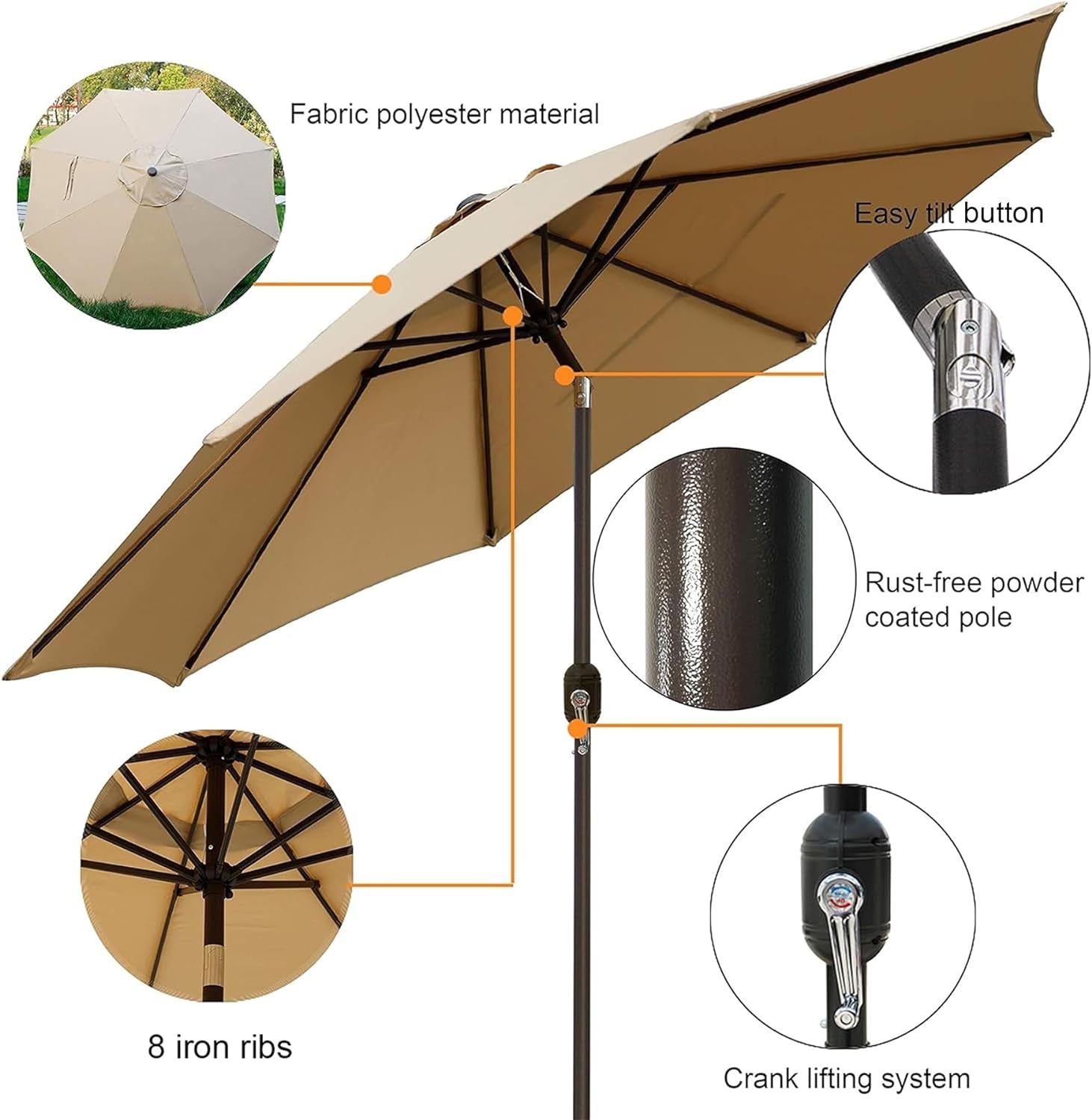 Beige patio umbrella with features highlighted on a white background