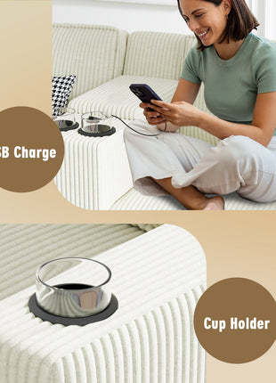 L-shaped 6-seater 133.4''*94.4'' corduroy sofa, large storage armrests with center console, USB charging, left and right seats can be switched, 3 packages of 130-3