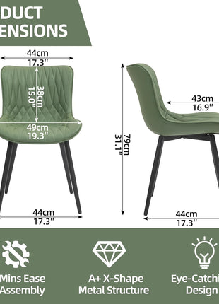 Dining Chairs Set of 2, Mid-Century Modern Upholstered Dining Chairs, Armless Faux Leather Accent Chairs with Backrest, Living Dining Room Chairs with Metal Legs for Dining Room, Green-1