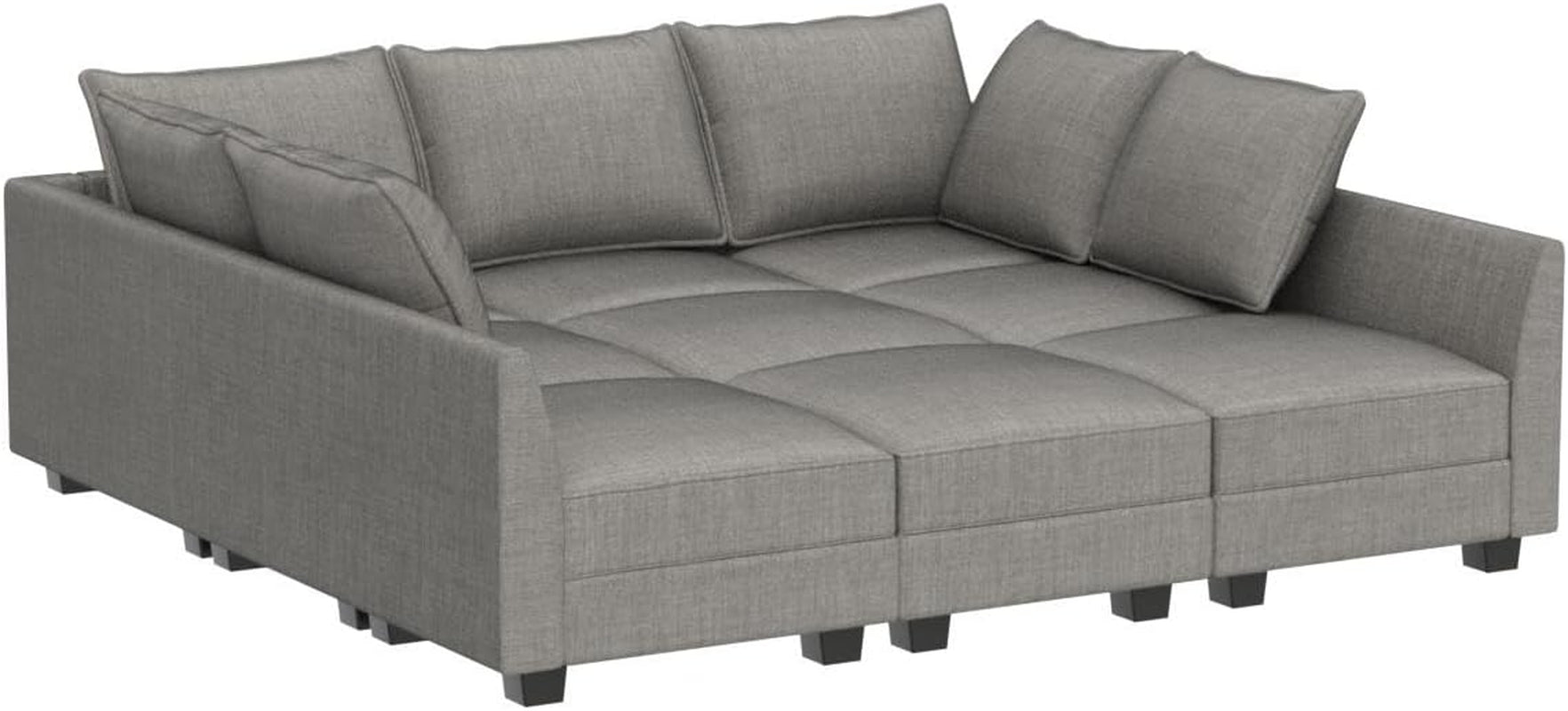 Gray sectional sofa with cushions on a white background