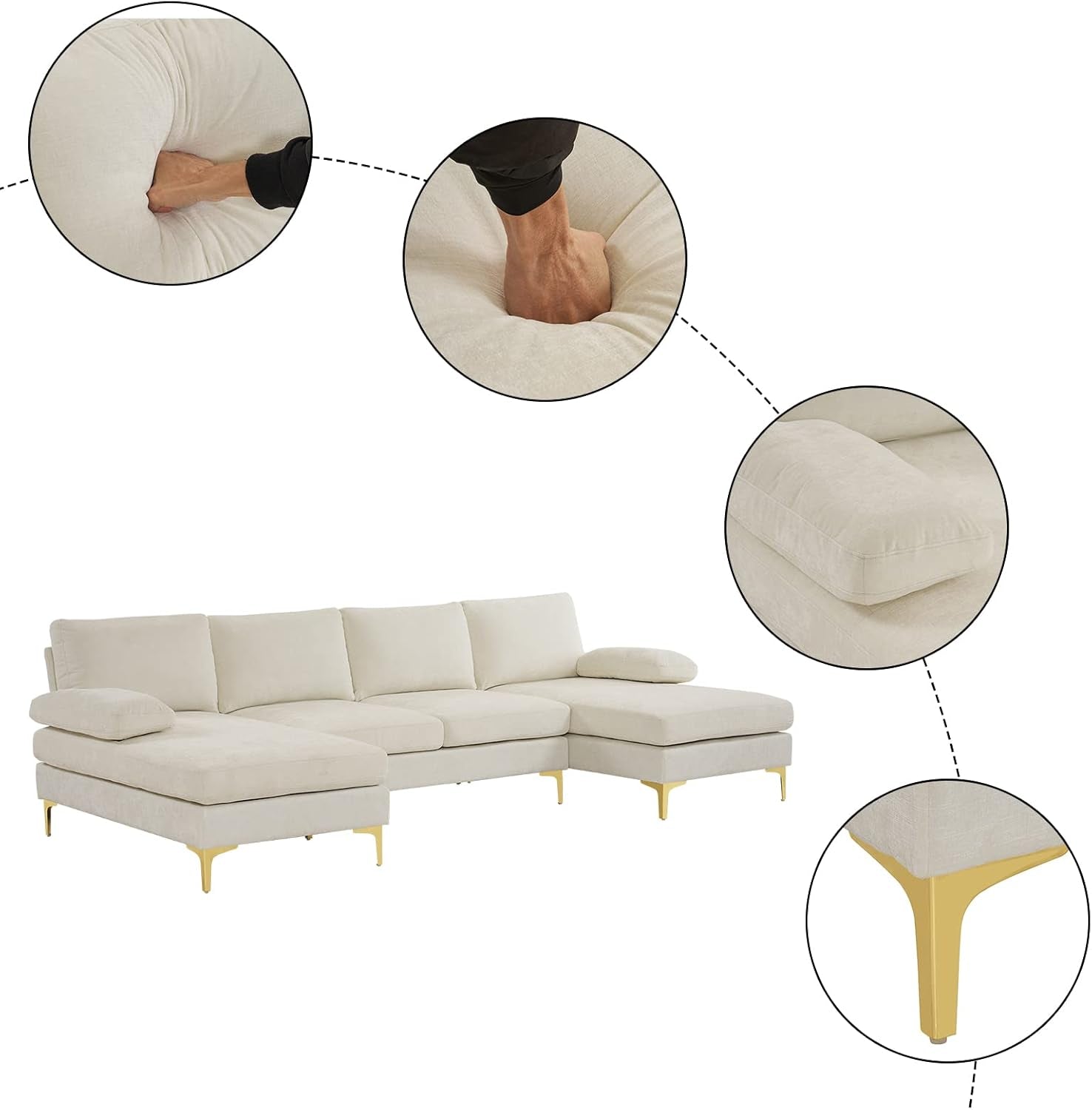 Beige sectional sofa with close-up details on cushions and legs against a white background