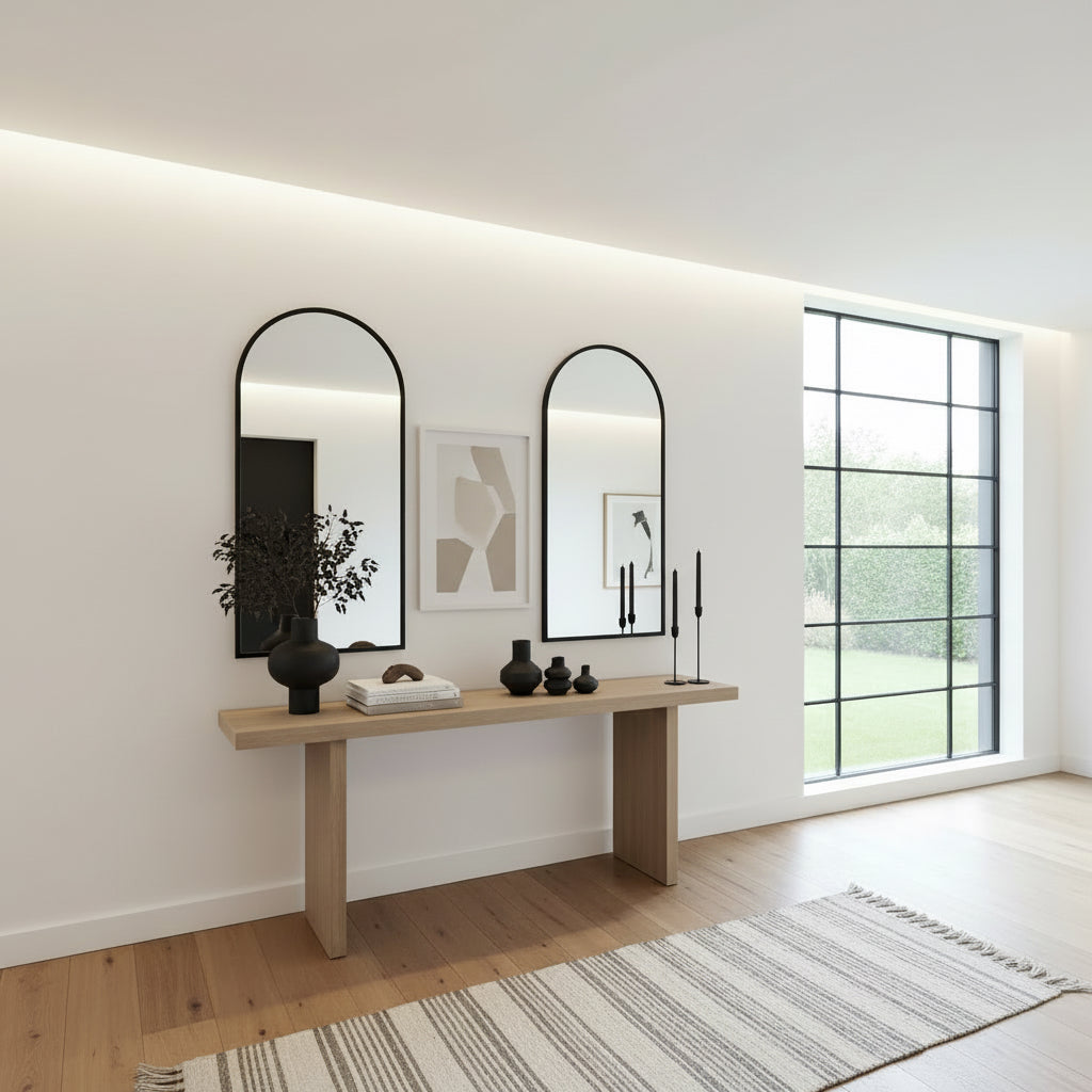 Bathroom with double vanity, arched mirrors, and decorative elements.