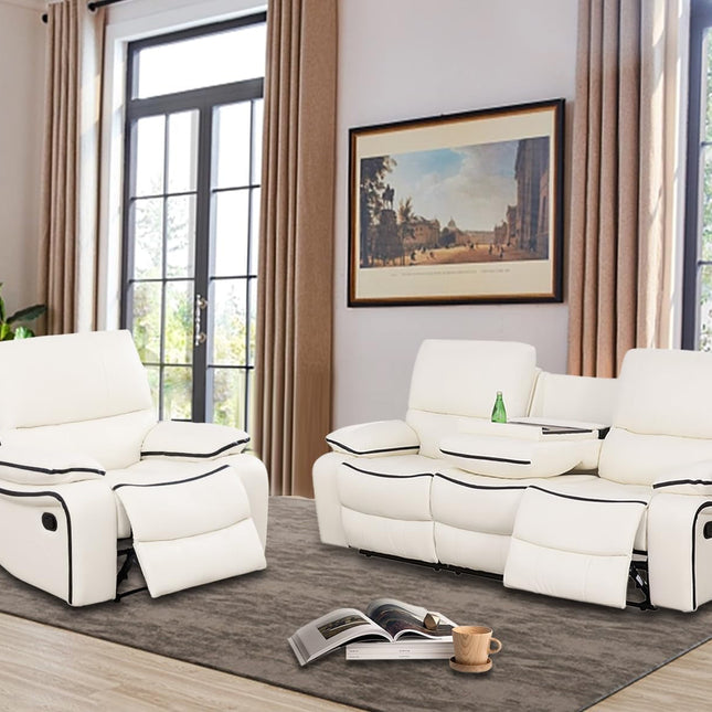 Recliner Sofa Set Bonded Leather, Living Room Furniture Set,Leather Sofa Set Reclining Sofa Manual Recliner Couch (Chair and Sofa Set,Cream White)-0
