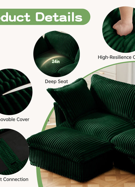 Living Room Sofa Slipcovered Sofa 3 Seater Sofa With 3 Ottomans, Oversized 3-Seat Sleeper Sofa Bed Home Theater Sofa, Corduroy, Green