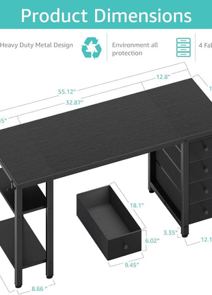 Gaming Desk with 4 Fabric Drawers & Storage Shelves, 55 Inch Computer Writing Work Study Desk for Home Office Bedroom, Modern Simple Student PC Desks Table, Black-2