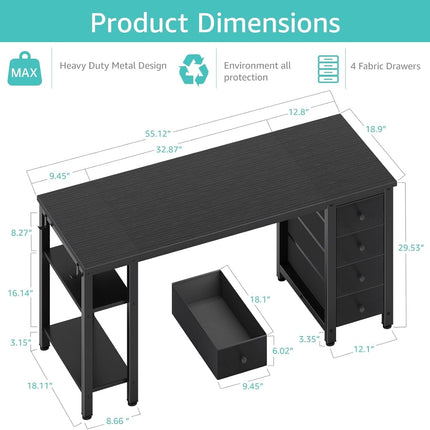 Gaming Desk with 4 Fabric Drawers & Storage Shelves, 55 Inch Computer Writing Work Study Desk for Home Office Bedroom, Modern Simple Student PC Desks Table, Black-2