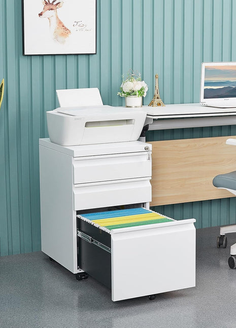 3 Drawer File Cabinet with Lock, File Cabinets for Home Office,Under Desk Cabinet, Locking File Cabinet for A4/Letter/Legal, Fully Assembled Expect Casters, Matte White
