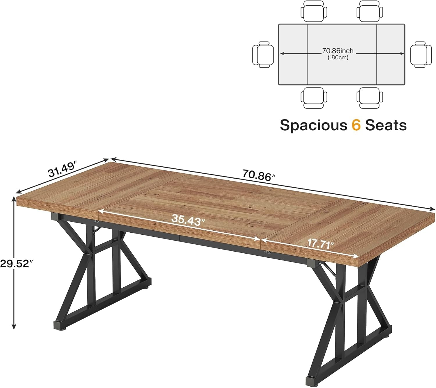Wooden table with dimensions and seating capacity details on a white background