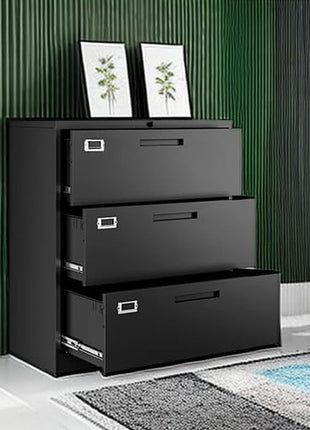 Lateral 3 Drawer File Cabinets with Lock, Metal Filing Storage Vertical Cabinets,Home Office Furniture for Organization Hanging Letter/Legal/F4/A4(Black)