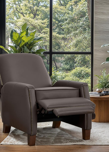 Recliner Chair, Mid-Century Modern Pushback Chair for Bedroom, Adjustable Single Upholstered Sofa with Brass Nailhead Trim, Faux Leather Recliners Armchair for Living Room, Saddle Brown-2