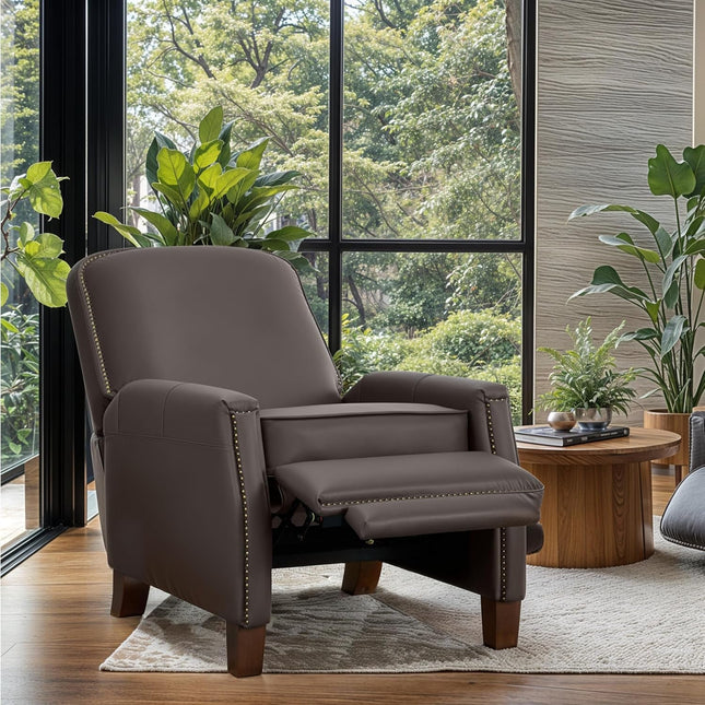 Recliner Chair, Mid-Century Modern Pushback Chair for Bedroom, Adjustable Single Upholstered Sofa with Brass Nailhead Trim, Faux Leather Recliners Armchair for Living Room, Saddle Brown-2