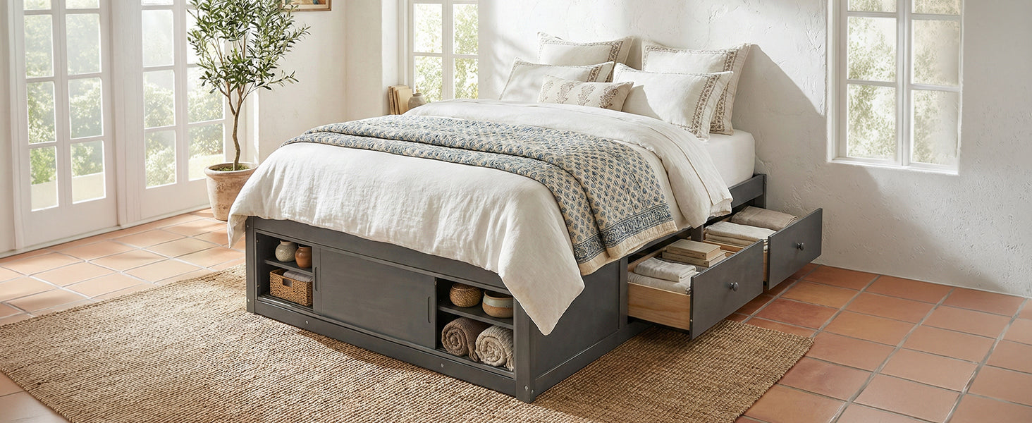 Platform Bed Frame with 4 Storage Drawers and Footboard Storage Cubby,