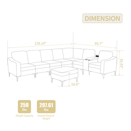 Convertible Sectional Corduroy  Sofa with Storage Ottoman,Cupholders, USB Ports for Living Room Apartment,Beige