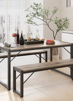Dining Table Set for 4 with 2 Benches, Gray-1