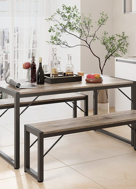 Dining Table Set for 4 with 2 Benches, Gray-1