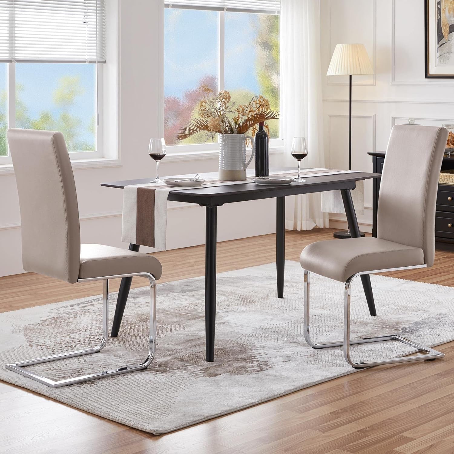 Dining Chairs High Back Leather Side Chairs Dining Living Room Chairs Upholstered Armless Chair with Metal Legs Home Kitchen Furniture Modern, 1 Package of 2Pcs, Light Brown-1