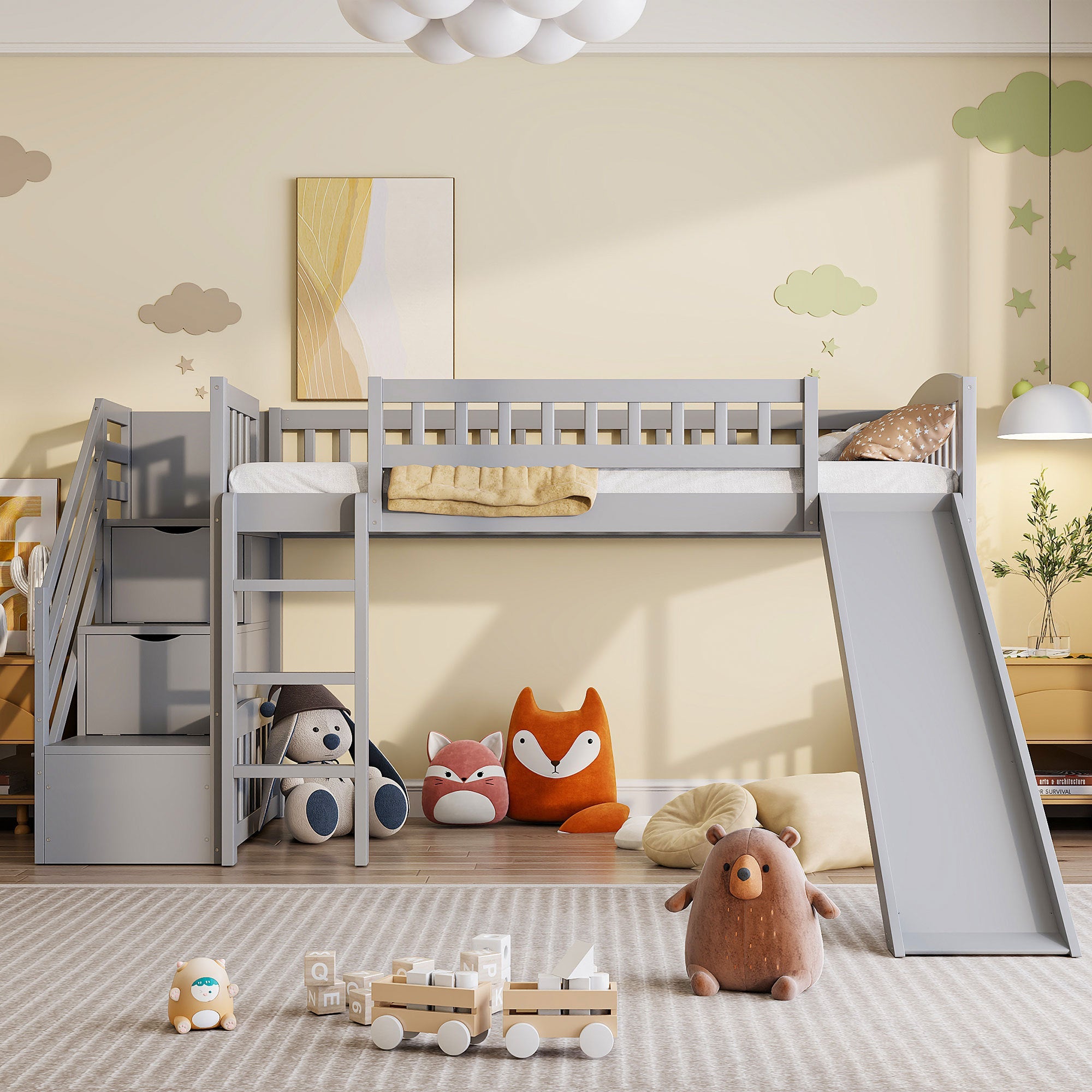 Stairway Twin Size Loft Bed with Two Drawers and Slide