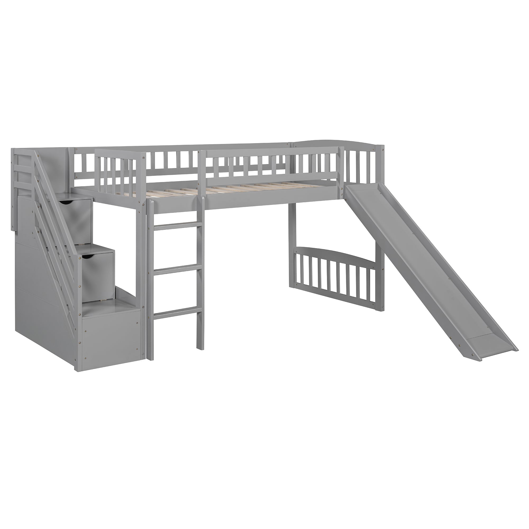 Stairway Twin Size Loft Bed with Two Drawers and Slide