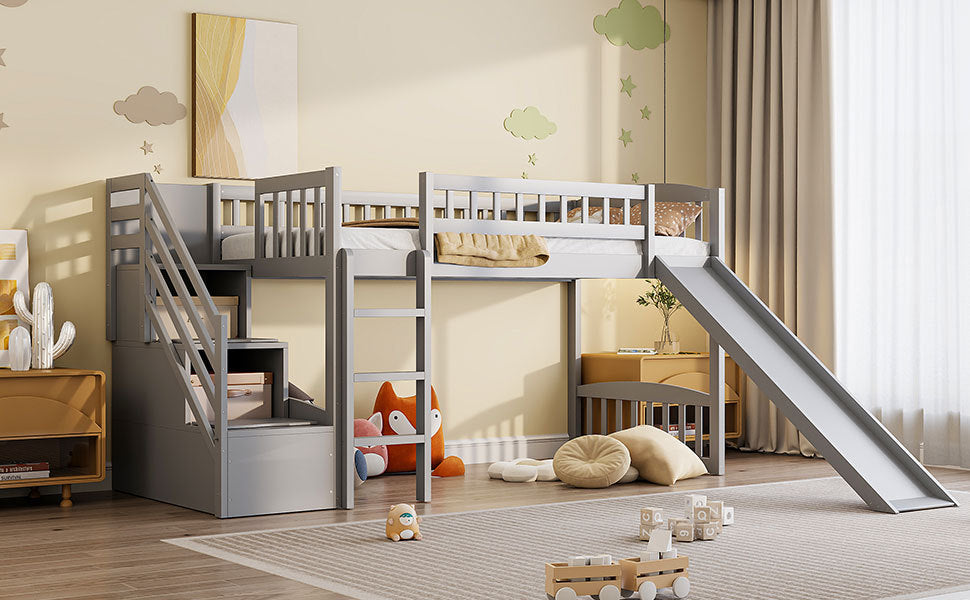 Stairway Twin Size Loft Bed with Two Drawers and Slide