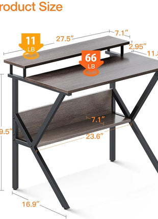 Small Desk, 27.5 Inch Small Computer Desk for Small Spaces, Compact Desk with Storage, Tiny Desk Study Desk with Monitor Stand for Home Office, Grey-2
