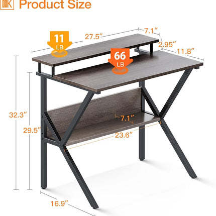 Small Desk, 27.5 Inch Small Computer Desk for Small Spaces, Compact Desk with Storage, Tiny Desk Study Desk with Monitor Stand for Home Office, Grey-2