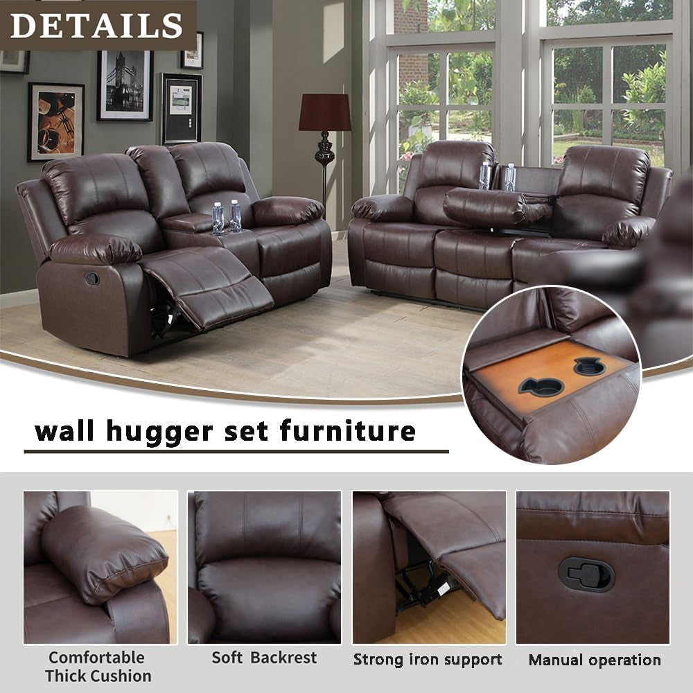Brown leather reclining sofa set in a living room 