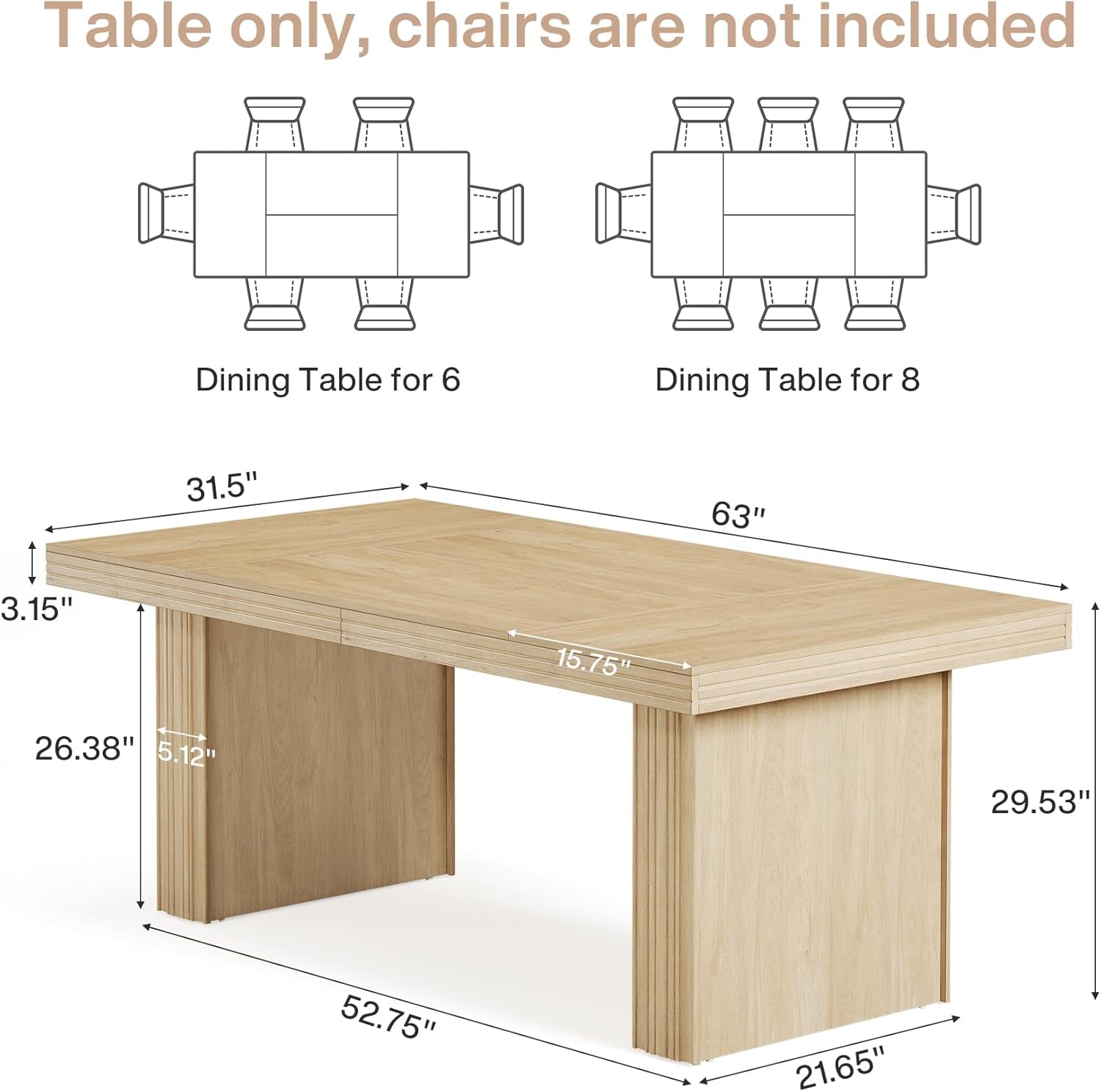 Dining table dimensions for 6 and 8-seater configurations with measurements.