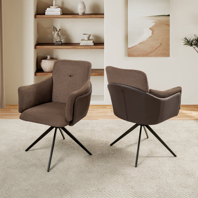 360° Swivel Home Office Desk Chairs Set of 2,Dining Chairs with Arm, Upholstered Bedroom Chairs with Metal Base,Makeup Chair for Vanity, for Living Room, Bedroom,Study Room,Dining Room(Dark Brown)-0