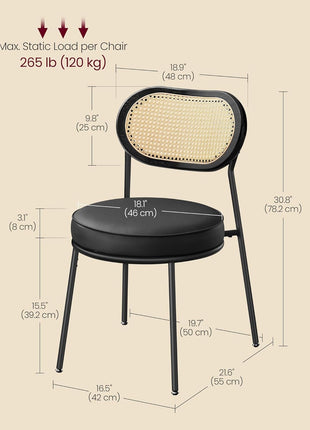 Dining Chairs, Set of 4 Dining Room Chairs with Boho PE Rattan Back, Synthetic Leather Upholstered Accent Chairs for Kitchen Living Room, Ink Black ULDC160B24-1