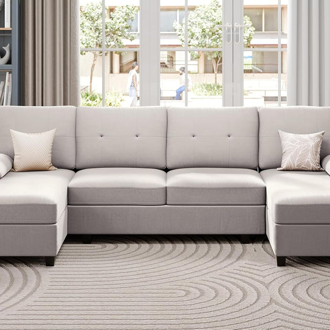 4 Seat U Shaped Sofa Sectional Couch with Chaise, Beige