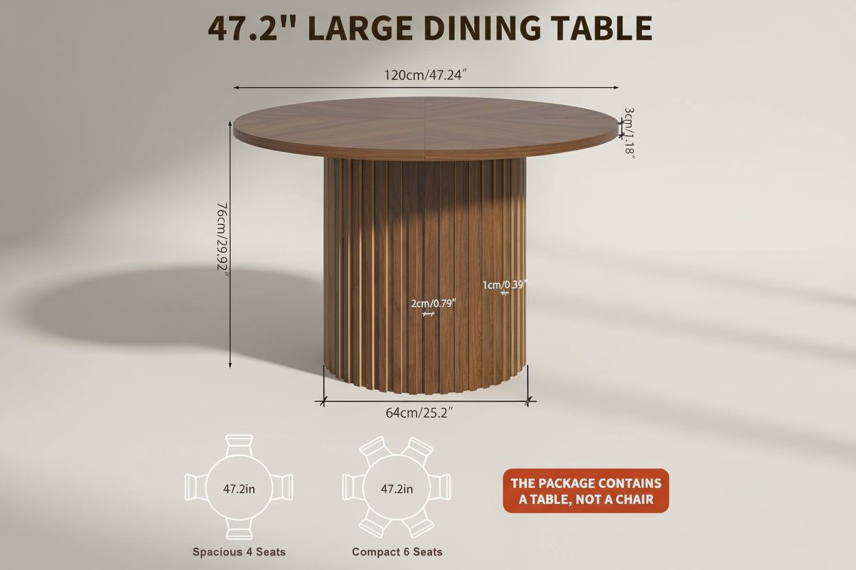 Wooden dining table with dimensions and a living room setting