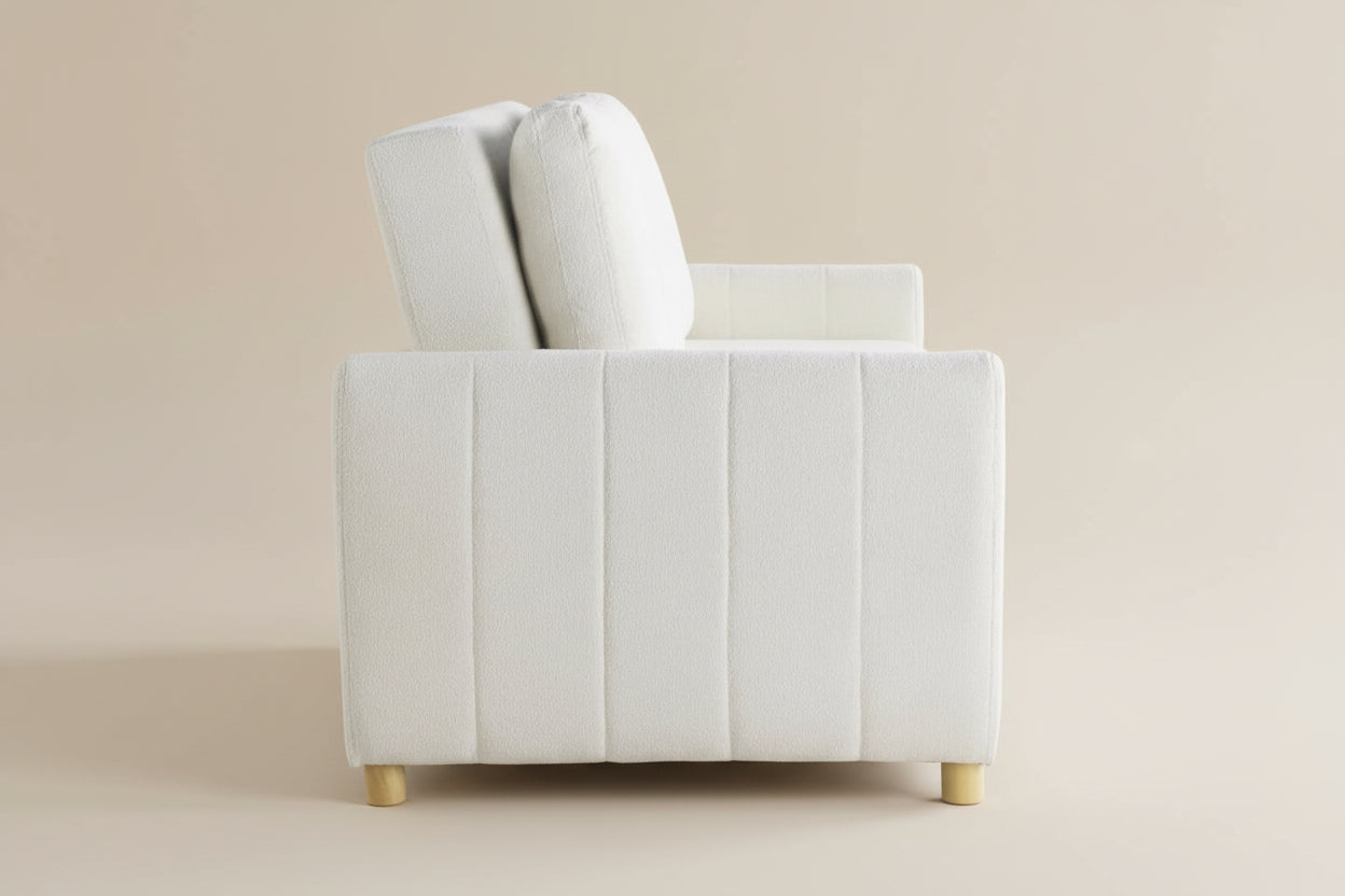 Light gray upholstered chair with wooden legs on a white background