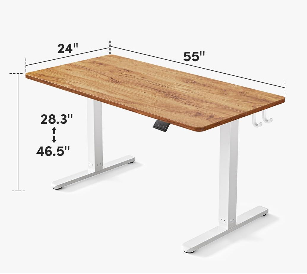 Wooden desk with dimensions and color options displayed on a white background