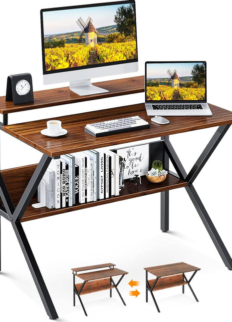Small Desk, 27.5 Inch Small Computer Desk for Small Spaces, Compact Desk with Storage, Tiny Desk Study Desk with Monitor Stand for Home Office, Espresso-0
