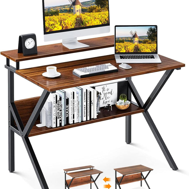 Small Desk, 27.5 Inch Small Computer Desk for Small Spaces, Compact Desk with Storage, Tiny Desk Study Desk with Monitor Stand for Home Office, Espresso-0