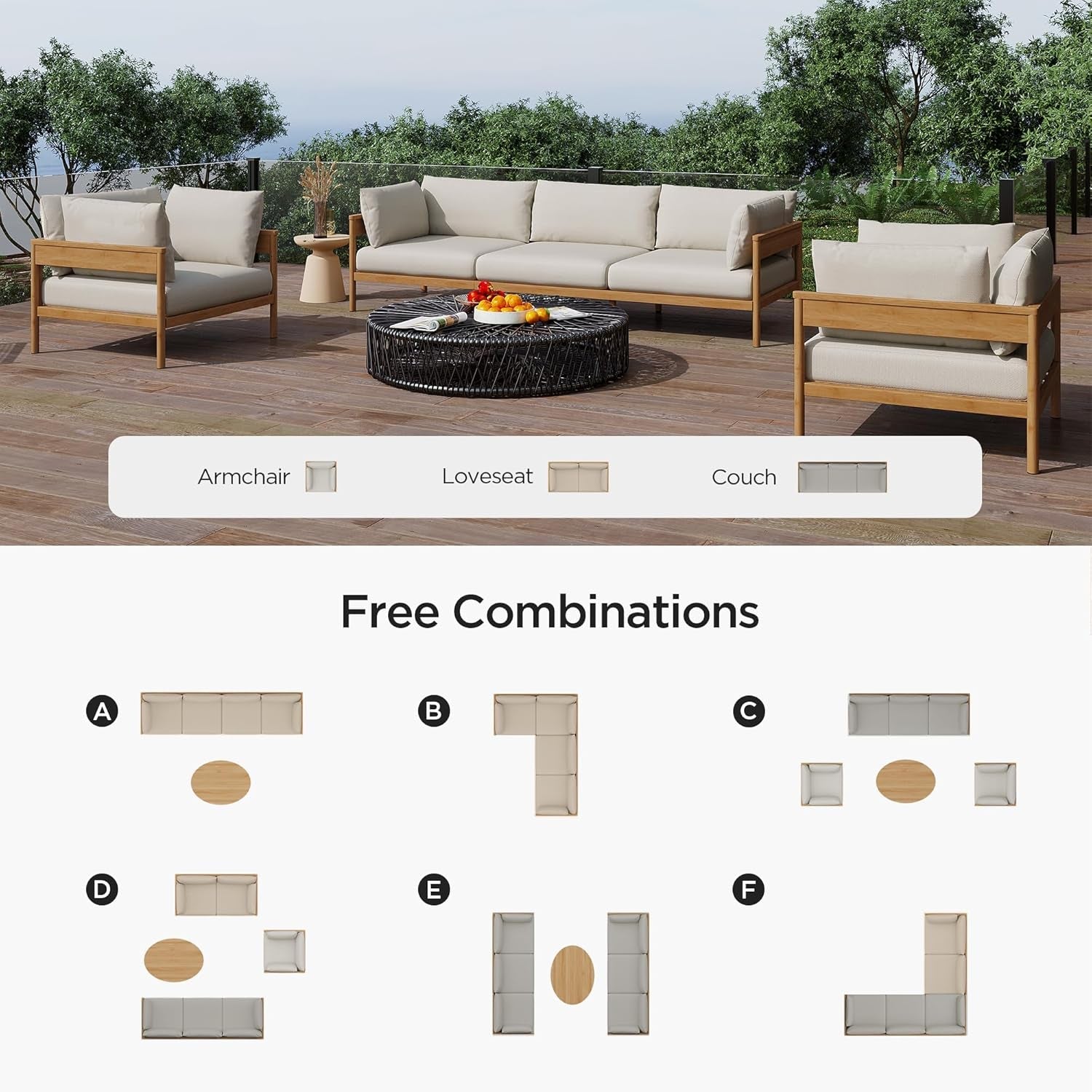Outdoor furniture set with armchair, loveseat, and couch on a wooden deck with a scenic background.