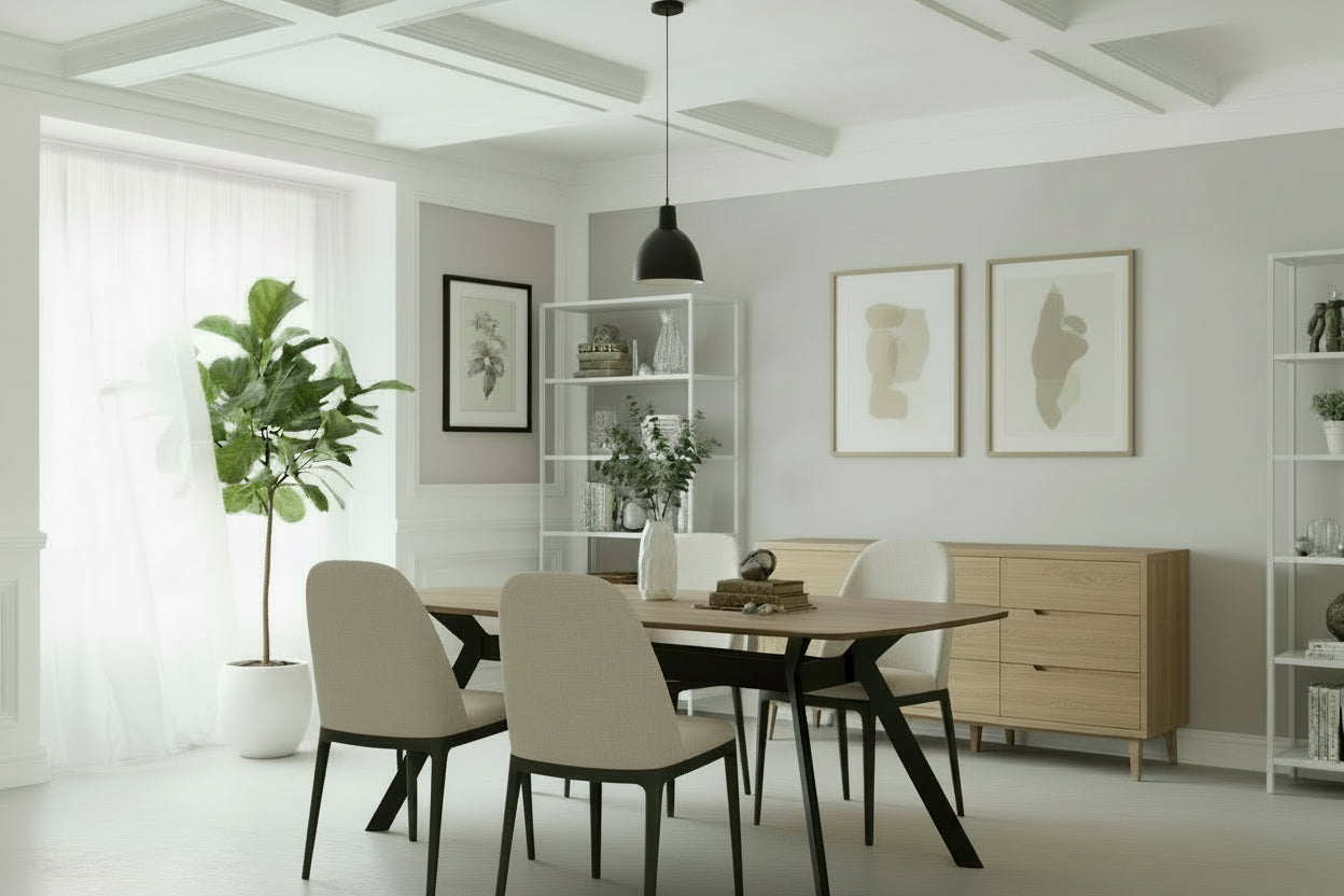 Wooden dining table with black legs in a room setting with wall lights and a chair.