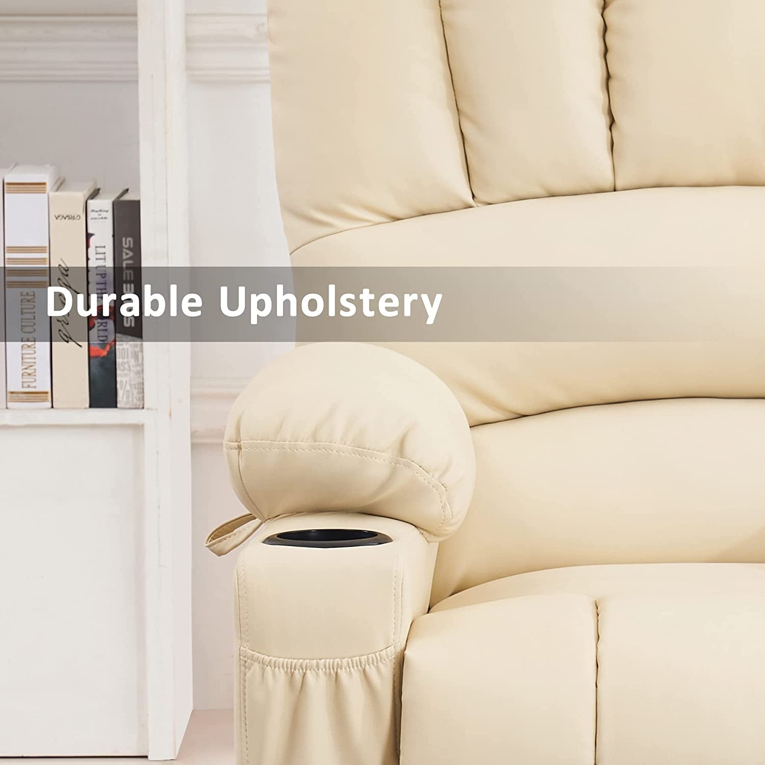 Beige recliner chair with durable upholstery text overlay