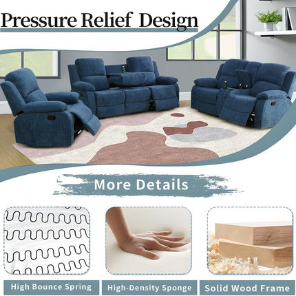 3 Seater Recliner Sofa Couch Modern Manual Reclining Sofa Fabric Reclining Sofa Living Room Couch with Dual Cup Holders and Drop down Table for Living Room/Office/Rv Car (Blue, 3 Seater Sofa)
