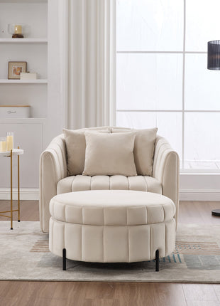 Oversized 40.35 in. Velvet Swivel Barrel Accent Chair and Ottoman Set with Storage, Beige-4
