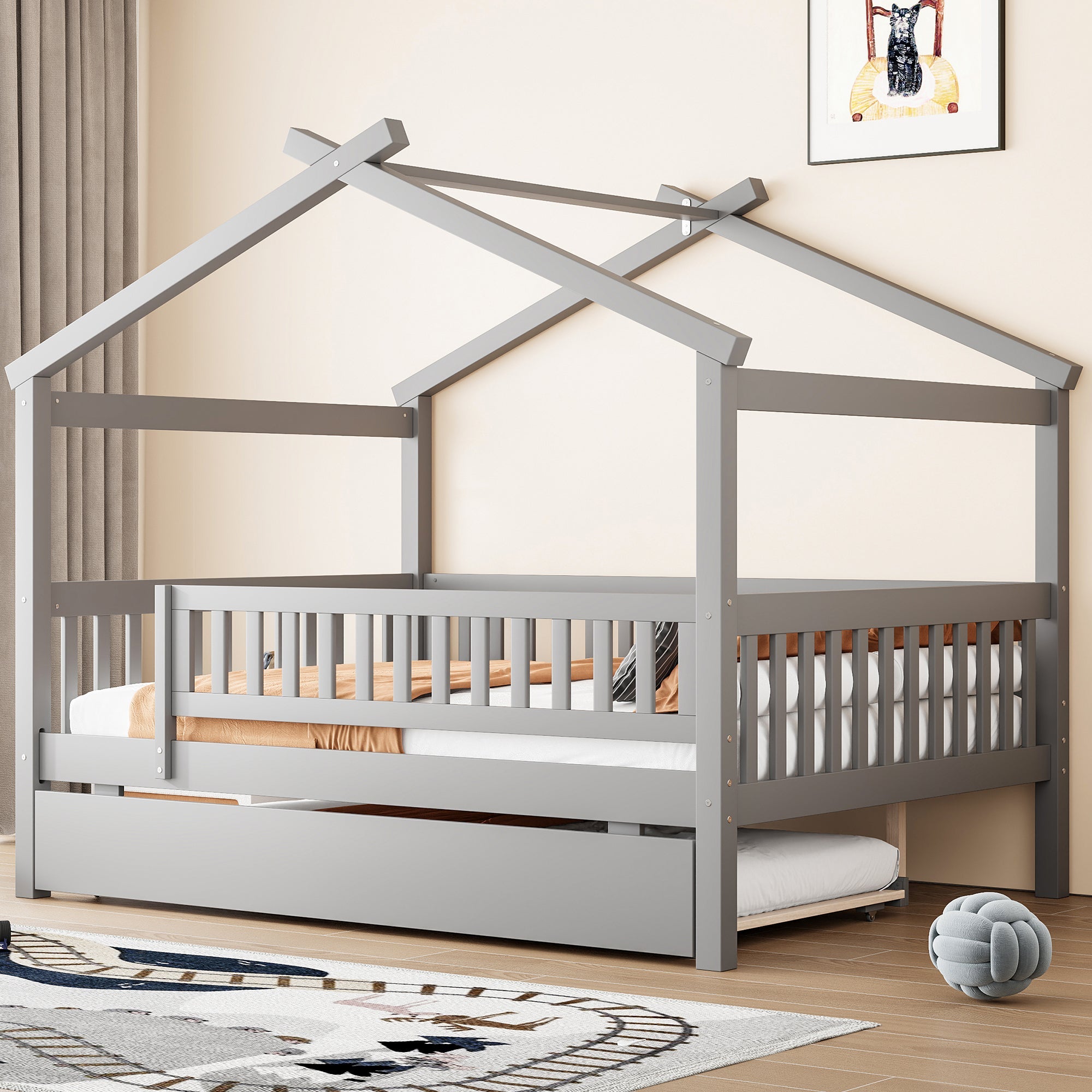 Full Size Wooden House Bed with Twin Size Trundle