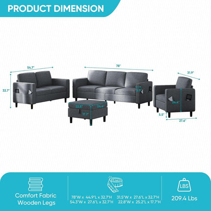 6 Seaters Sectional Upholstered Sofa, Linen Fabric Sofa Couch with Side Pockets, Free Combination Sofa Set with Movable Storage Ottoman, for Living Room-Sofa&Loveseat&Chair&Ottoman,Dark Grey