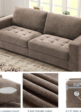 Sofas for Living Room, Chenille Loveseat Couch Set, Small Sofa, 3 Seater Sofa, USB Charging, Removable Sofa Cover,Solid Wood Frame, Easy to Install(89Inch,Brown)-2