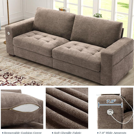 Sofas for Living Room, Chenille Loveseat Couch Set, Small Sofa, 3 Seater Sofa, USB Charging, Removable Sofa Cover,Solid Wood Frame, Easy to Install(89Inch,Brown)-2